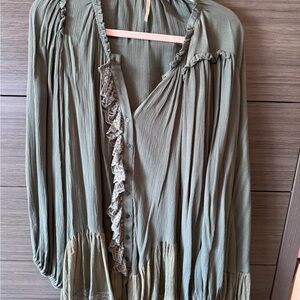Free People Olive Green Ruffle-Trim Button Front Dress
